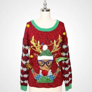Reindeer Ugly Christmas Sweater Bling Sequin Pom Pom Red Green White Medium